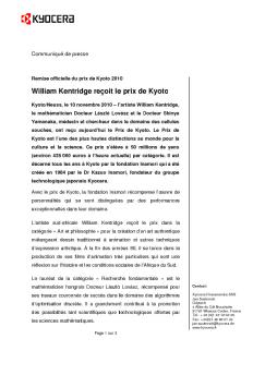 Willia am Ken tridge r reçoit le e prix de e Kyoto o