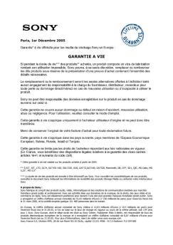 GARANTIE A VIE - Sony
