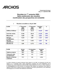 Résultats du 1er semestre 2006 :  Nette amélioration des résultats ...