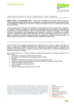 Valeo reçoit le Grand Prix de la Transparence Toutes Catégories