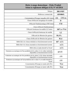 Fiche Produit Selon le règlement délégué (UE) N° 65/2014 - Brandt