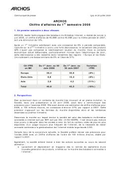 ARCHOS Chiffre d'affaires du 1er semestre 2008