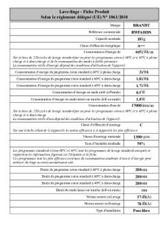 Lave-linge - Fiche Produit Selon le règlement délégué (UE) N ...