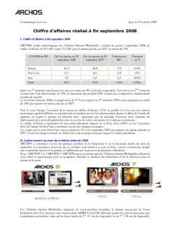 Chiffre d'affaires réalisé à fin Septembre 2008