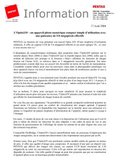 17 Août 2004 L'OptioS50 – un appareil photo numérique compact ...