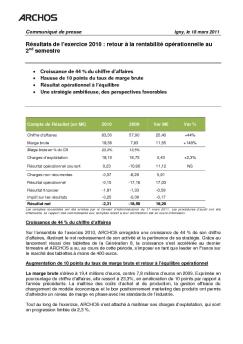 Résultats de l'exercice 2010 : retour à la rentabilité opérationnelle ...