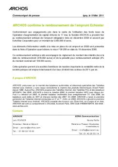 ARCHOS confirme le remboursement de l'emprunt Echostar