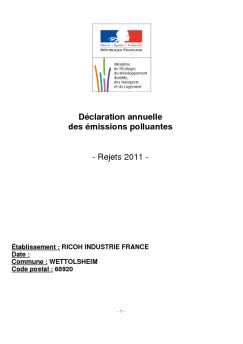 Déclaration annuelle des émissions polluantes - Rejets 2011 - Ricoh