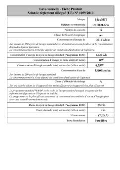 Lave-vaisselle - Fiche Produit Selon le règlement délégué ... - Brandt