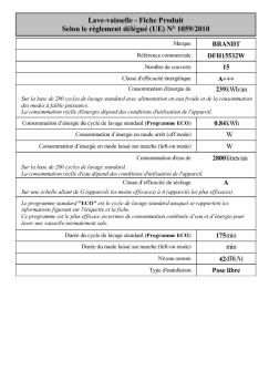 Lave-vaisselle - Fiche Produit Selon le règlement délégué ... - Brandt