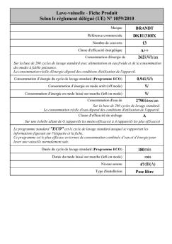 Lave-vaisselle - Fiche Produit Selon le règlement délégué ... - Brandt