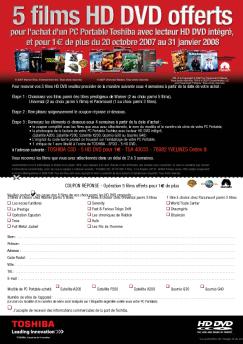 à l'adresse suivante : TOSHIBA CSD - 5 HD DVD pour 1€ - TSA 40033 ...