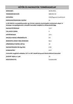 HUTOK ÉS FAGYASZTÓK TERMÉKADATLAP