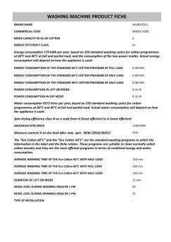 WASHING MACHINE PRODUCT FICHE