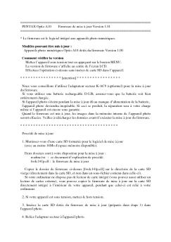 PENTAX Optio A10 Firmware de mise à jour Version 1.01