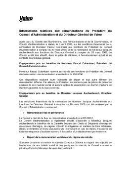 Informations relatives aux rémunérations du Président du ... - Valeo