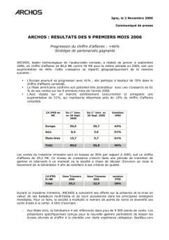 ARCHOS : RESULTATS DES 9 PREMIERS MOIS 2006