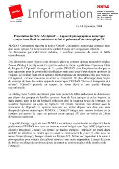 Le 14 septembre, 2004 Présentation du PENTAX OptioSV — l ...