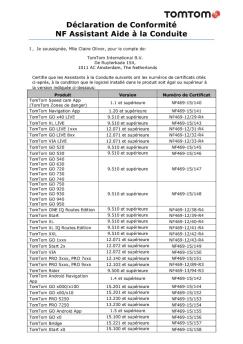 Déclaration de Conformité NF Assistant Aide à la Conduite - TomTom