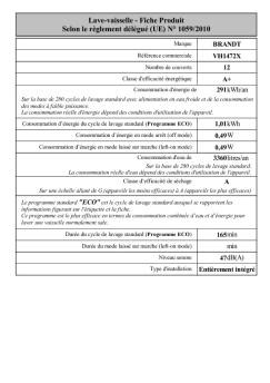 Lave-vaisselle - Fiche Produit Selon le règlement délégué ... - Brandt