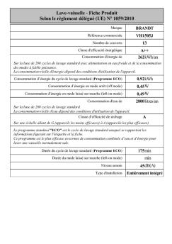 Lave-vaisselle - Fiche Produit Selon le règlement délégué (UE) N ...