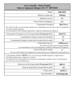 Lave-vaisselle - Fiche Produit Selon le règlement délégué ... - Brandt